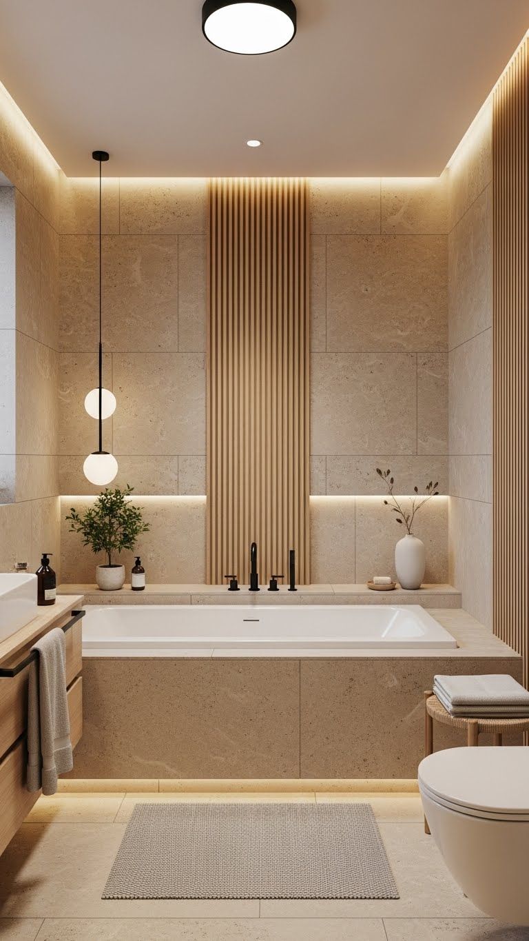 Spa-Inspired Luxury Bathroom with Large-Format Porcelain Slabs & Brass Fixtures #31